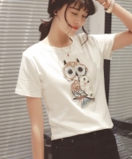 貓頭鷹刺繡貼飾圓領純色百搭T恤
